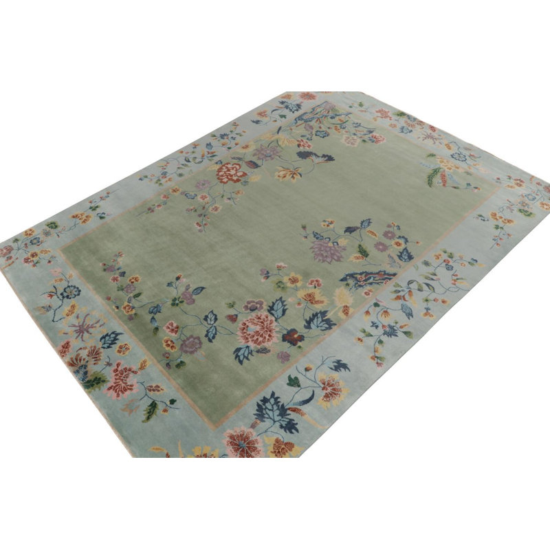 Rug & Kilim’S Chinese Deco Rug In Green With Blue Border & Floral Patterns, Rectangle 5' x 7'