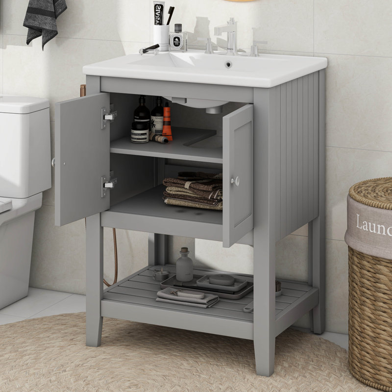 Meuble-lavabo élégant 24 po avec lavabo en céramique élégant, Gris