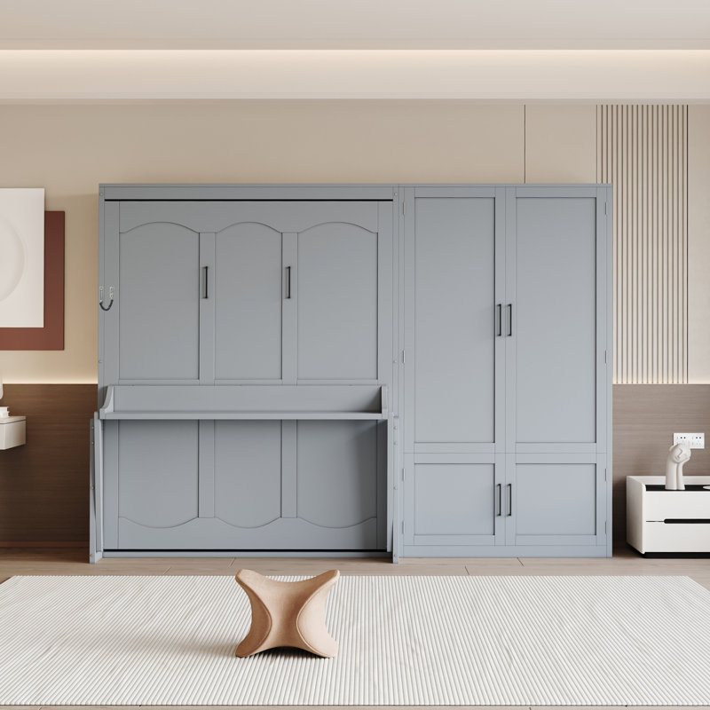 Grand lit escamotable mural gris avec placard latéral - Lit relevable hydraulique peu encombrant pour les chambres modernes
