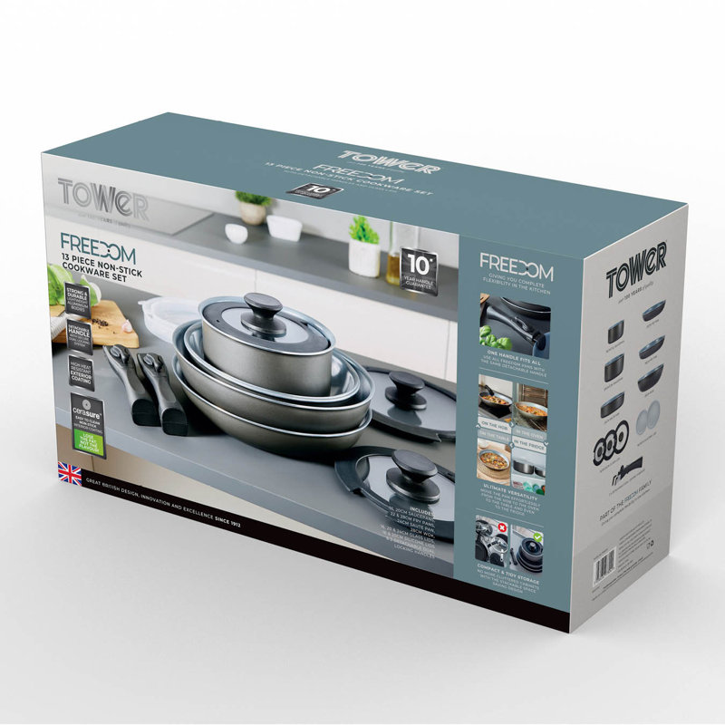 Tower Freedom T800200 13 Piece Cookware Set with Ceramic Coating, Stackable Design and Detachable Handles, Graphite, Aluminium