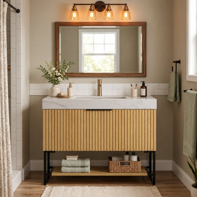 Meuble-lavabo 36 po avec plateau en pierre frittée blanc Carrara, tiroir et tablette inférieure ouverte, armoire de rangement autoportante en contreplaqué rayé, pré-assemblé
