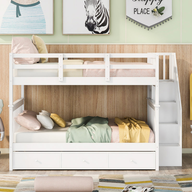 Lit superposé d'escalier de chambre à coucher en blanc, double - au-dessus de double, tiroir, rangement, barrière de sécurité, pieds en pin massif, assemblage avec outils blanc pour la chambre à coucher, rangement sécuritaire avec accès par les es