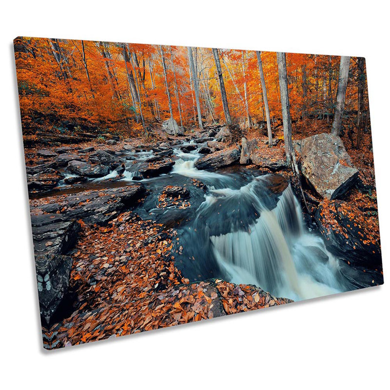 Autumn River Waterfall Nature - Wrapped Canvas Print, 40.6cm H x 61cm W x 2cm D