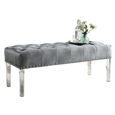Banc moderne en velours gris avec supports en acrylique - Les pieds de l'assise décoratifs ajoutent une touche chic à votre espace