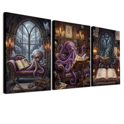 Ensemble de 3 toiles murales représentant trois pieuvres lisant des livres pour l'Halloween