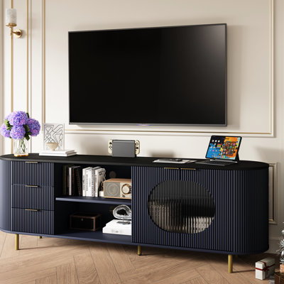 Meuble télé cannelé de 65 po avec plateau en faux marbre et détails dorés, armoire à 3 tiroirs, bleu naturel, bois d'ingénierie pour décor de 60 à 69 téléviseurs, dans le salon
