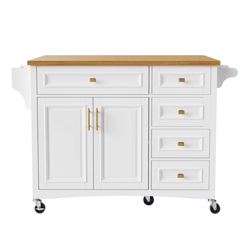 52'' Kitchen Island with Drop Leaf, Embossed Texture Kitchen Island on Wheels with Spice Rack, Towel Rack, 2 Doors and 5 Drawers, Kitchen Storage Cart with Adjustable Shelf for Kitchen