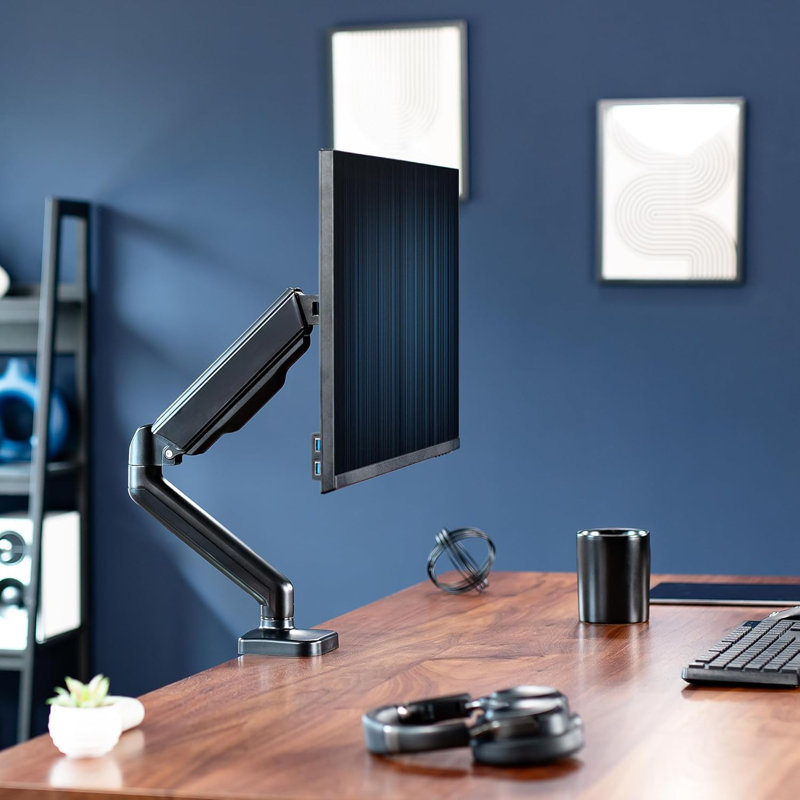 Single Monitor Height Adjustable Counterbalance Pneumatic Arm Desk Mount Stand, Classic, Universal VESA Fits Screens Up To 32 Inches