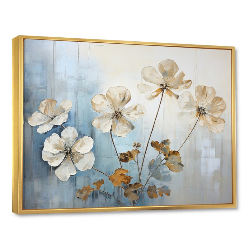 Geraniums bleus dorés III, Cadre flottant doré, H 12 po x l 20 po x P 1 po
