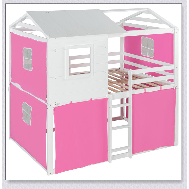 Bunk Wood House Bed With Tent, Lit double, Rose/Blanc