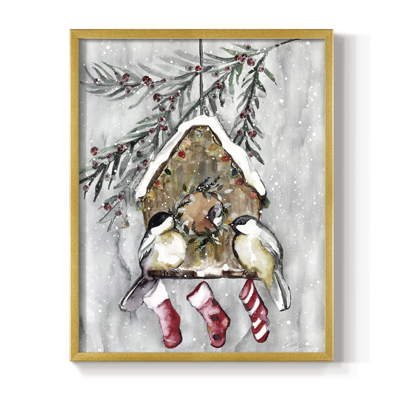 Winter Birds Framed Print - Solid Wood, 11" H x 9" W, Gold