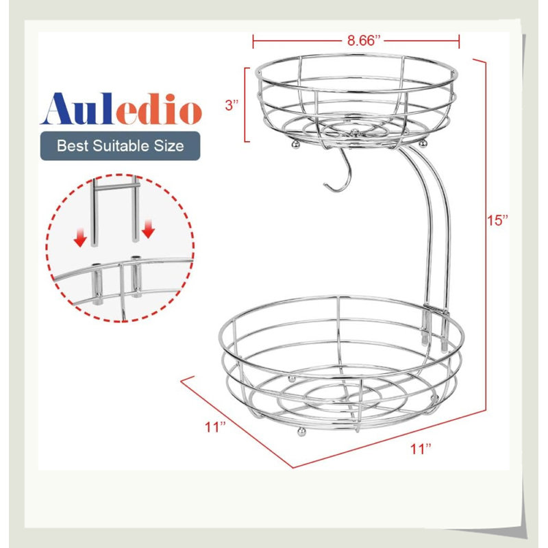 Panier à fruits 3-en-1 à 2 niveaux avec support à banane, assemblage sans outil en fer pour cuisine, Argent argent