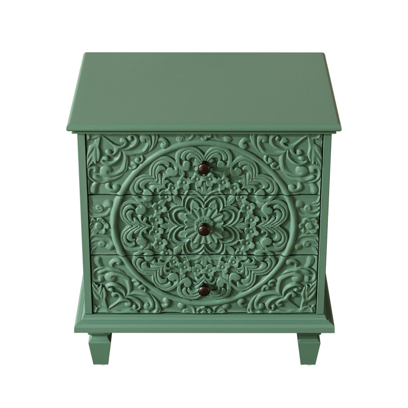 Table de chevet en bois sculpté avec 3 tiroirs, commode décorative en relief à volutes rétro, table de bout d'armoire de rangement pour le salon de la chambre à coucher