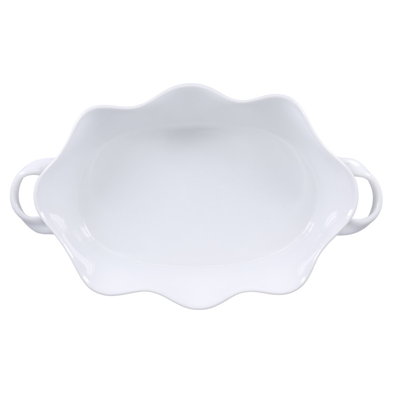 White Ceramic Wavy Oval Baker, 14.5 Inches