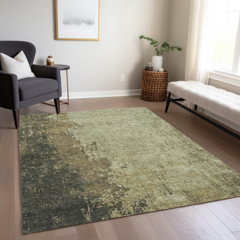 Tapis olive intérieur / extérieur lavable à la machine Xhevrie, Rectangle 10 pi x 14 pi