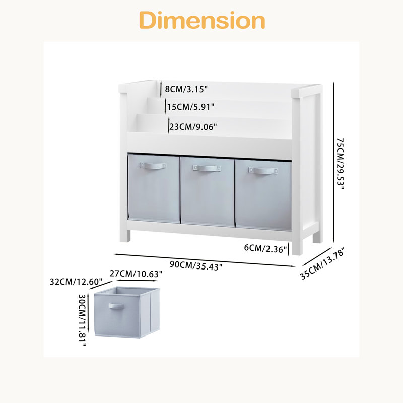 Bibliothèque pour enfants avec rangement à 3 niveaux et 3 bacs en tissu, bibliothèque en bois pour tout-petits pour salle de jeux, chambre de bébé, chambre à coucher