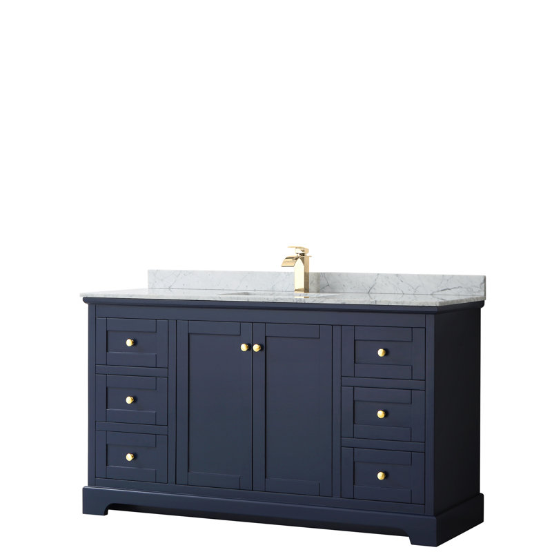 Avery 60'' Single Bathroom Vanity with Stone Top, Dark Blue, Brushed Gold