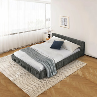 Structure de lit tapissier moderne grand lit avec tissu en chenille et tête de lit plissée