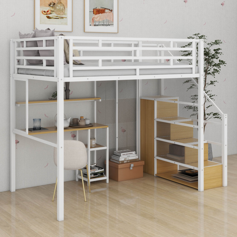 Lit mezzanine double en métal avec bureau pour garde-robe et tablettes de rangement pour économiser de l'espace, Blanc
