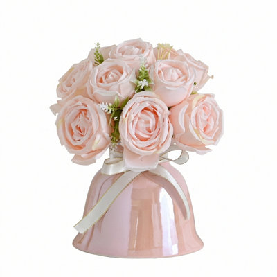 Fleurs artificielles, fausses roses et petit vase en céramique, plantes et fleurs artificielles, décoration de bureau, convient aux tables de salle à manger, salons, chambres à coucher, bureaux, cadeaux, mariages