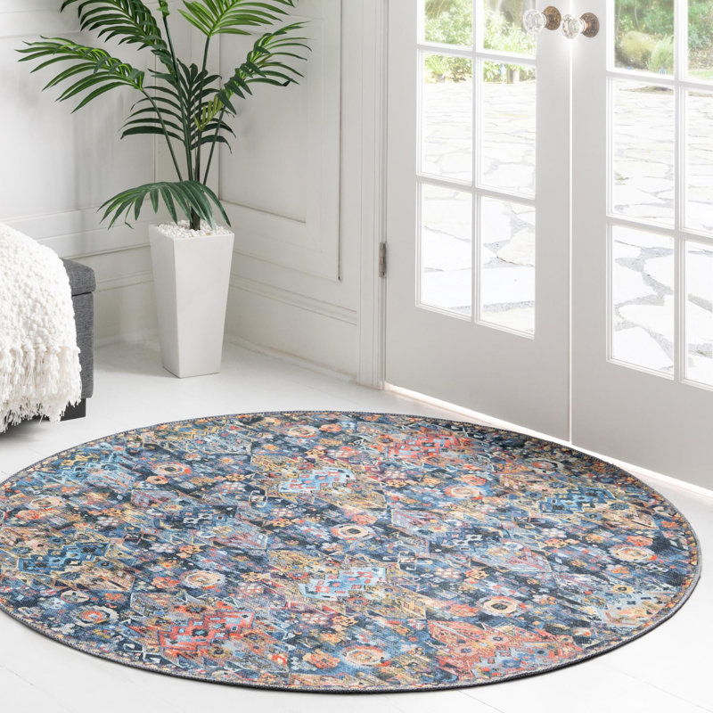 Tapis bleu marine Southwestern / Lodge, Rond 7 pi 7 po