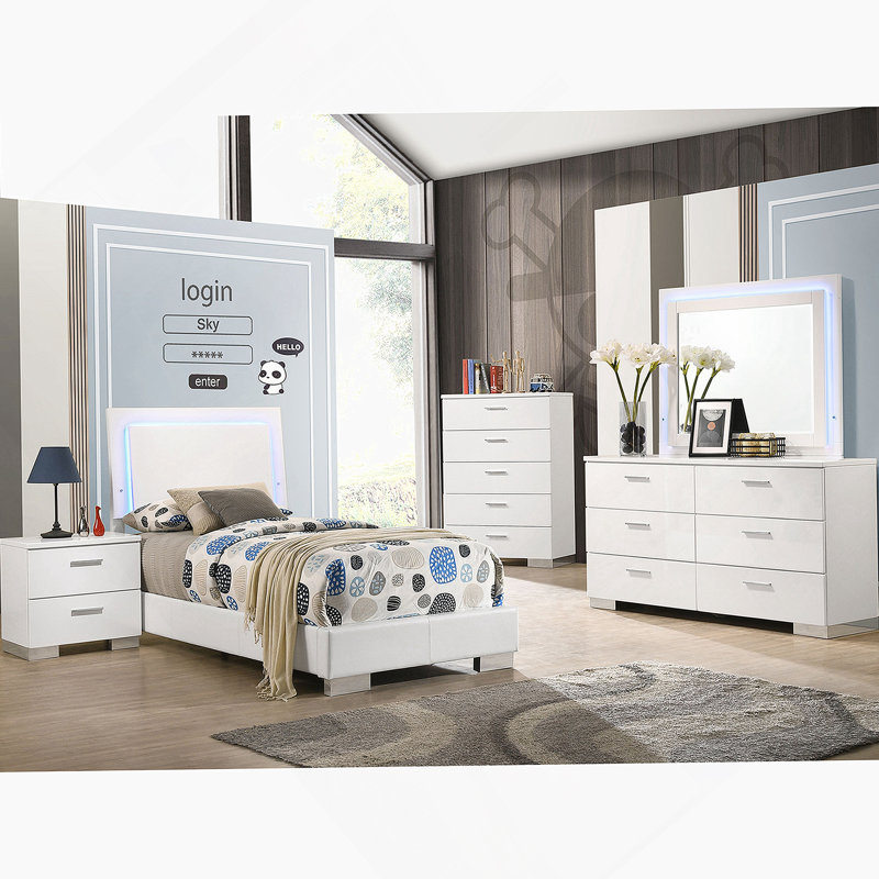 Ensemble de chambre à coucher pour lit simple 5 pièces blanc ultrabrillant