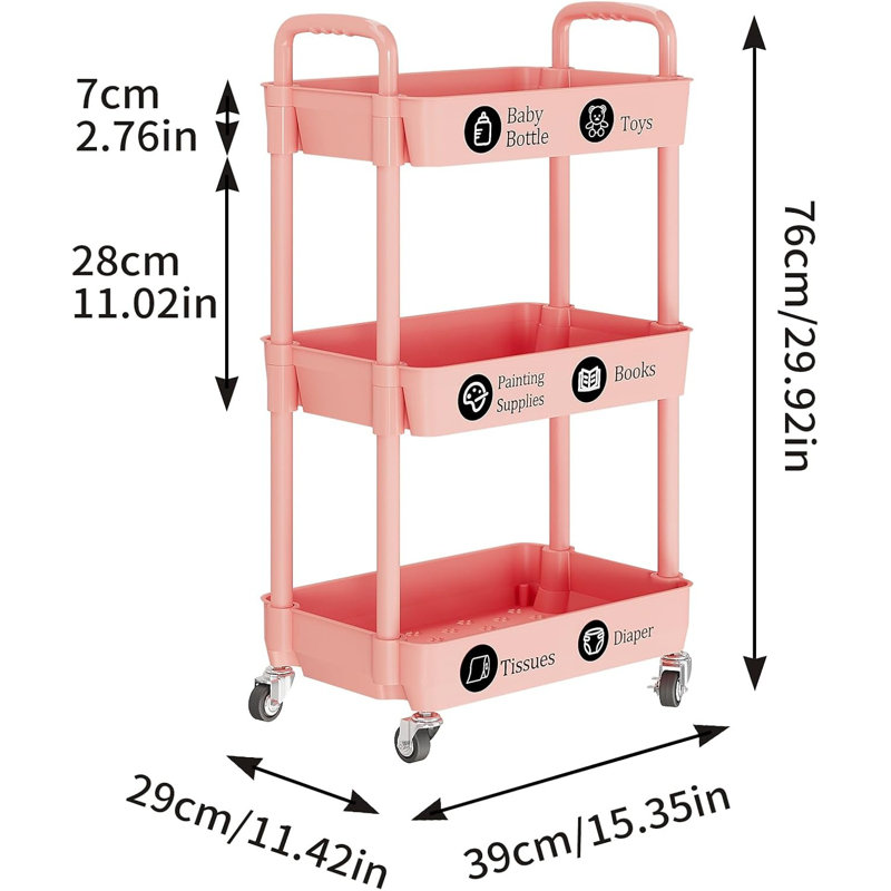 3-Tier Rolling Cart with Wheels,Multifunction Utility Storage carts, Kitchen Storage Organizer,Mobile Shelving Unit, Pink