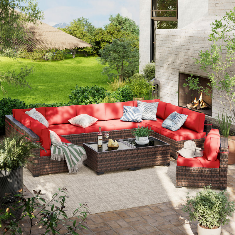 10 - Person Outdoor Seating Group With Cushions, Red