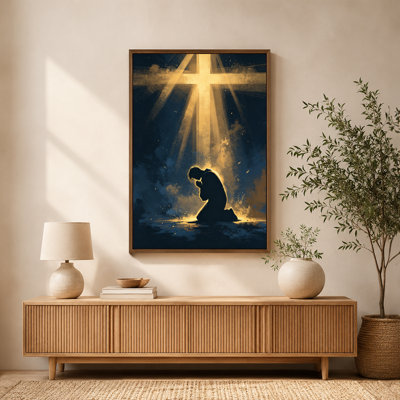 Figure Kneeling Prayer Radiant Cross Light Canvas Wall Art Print with Floating Frame, Ready to Hang