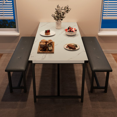 Dining Table Set for 4, Kitchen Table with 2 Upholstered Benches, 3 Piece Dining Room Table Set, Rectangular Space Saving Kitchen Table Set for Apartm