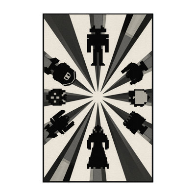 Soft Plush Montauk Pixel Art Characters Retro Starburst Area Rug in Beige – Black Binding