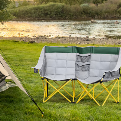 Portable Folding Chair For Outdoor Events And Camping Trips, Gray Double Seat Picnic With Design & Carry Bag -