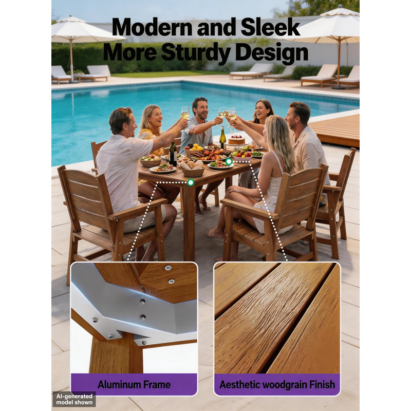 All-Weather 67"L Rectangle Patio Dining Table for 6 Person With Umbrella Hole and Aluminum Frame Modern Outdoor Plastic Patio Table Furniture for Deck/Garden/Poolside, 400lbs Weight Capacity