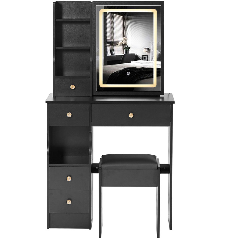 Table de coiffeuse de 29,2 po, tiroir de gauche, tabouret rembourré, miroir tactile tricolore réglable, luminosité des petits espaces, espaces limités à DEL