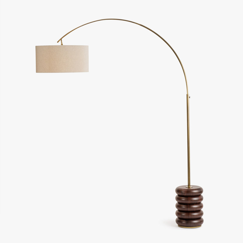 Mirela Arc Floor Lamp with Oversized Drum Shade with Curved Metal Stand - Walnut, Walnut