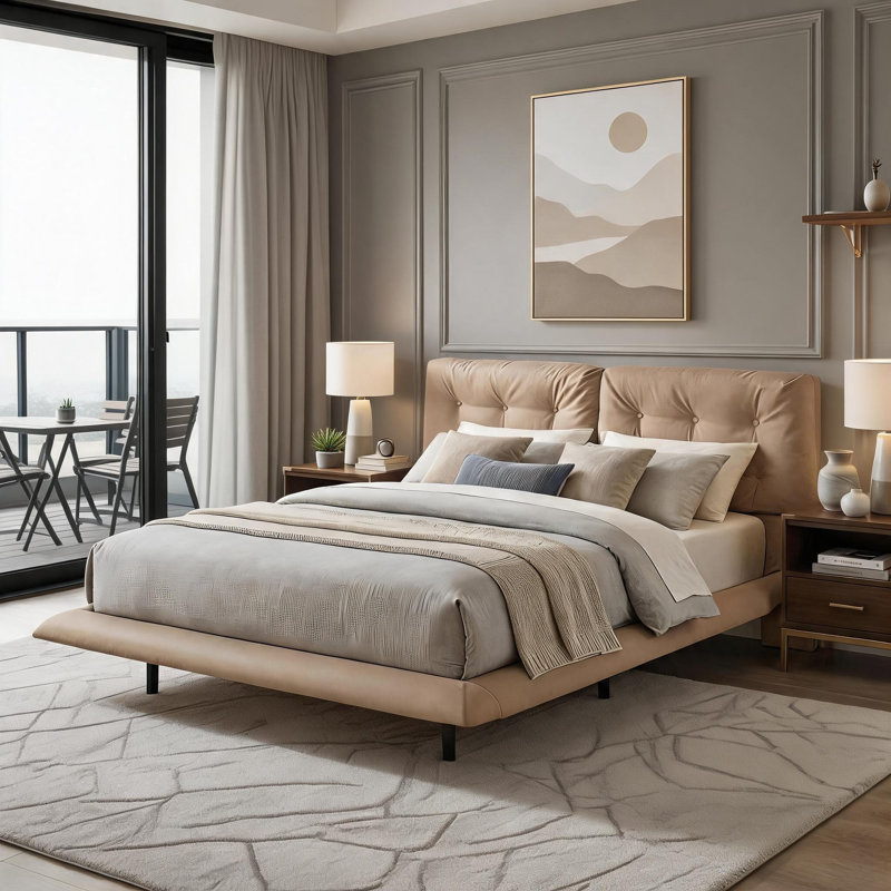 Grand lit plateforme flottant en cuir de polyuréthane beige chaud avec lumières DEL et tête de lit capitonnée
