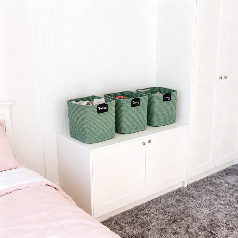 13 Inch Cube Storage Bins 3-Pack - Cotton Rope Woven Fabric Baskets For Organizing Shelves, Toys And Closet With Reinforced Handles
