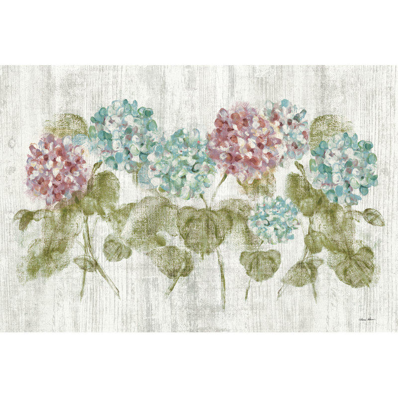 " Vibrant Row Of Hydrangea On Wood " by Cheri Blum Painting Print, 32" H x 48" W