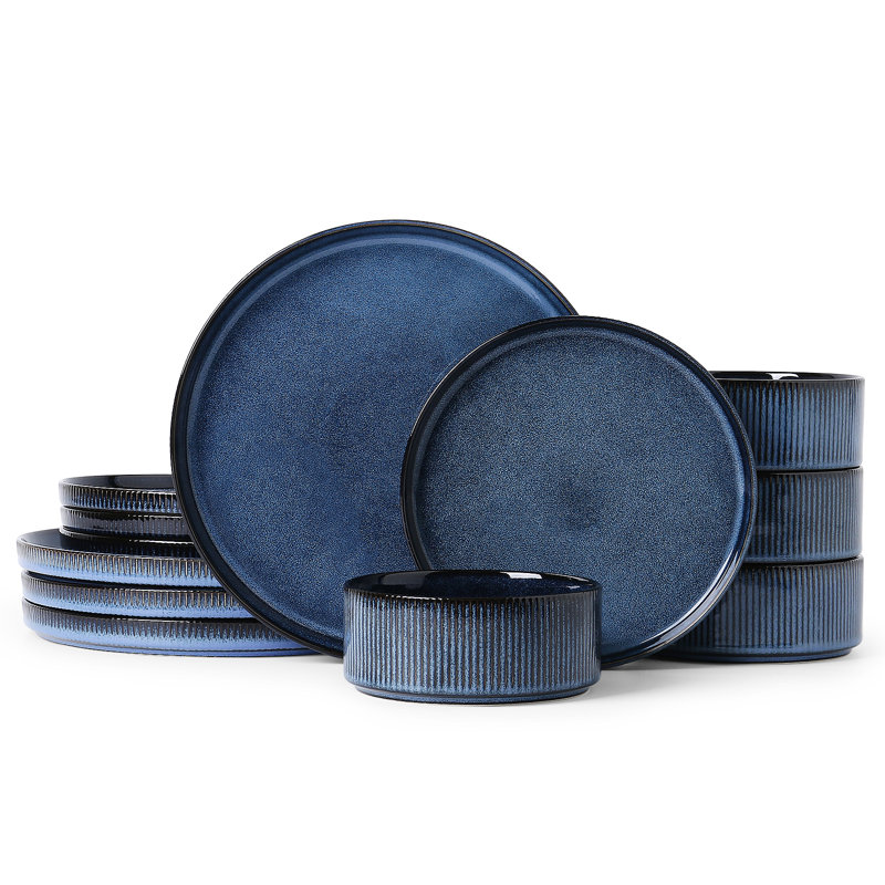 ALOFMO Straight Sided 12 Piece Stoneware Dinnerware Sets, Service for 4, Blue