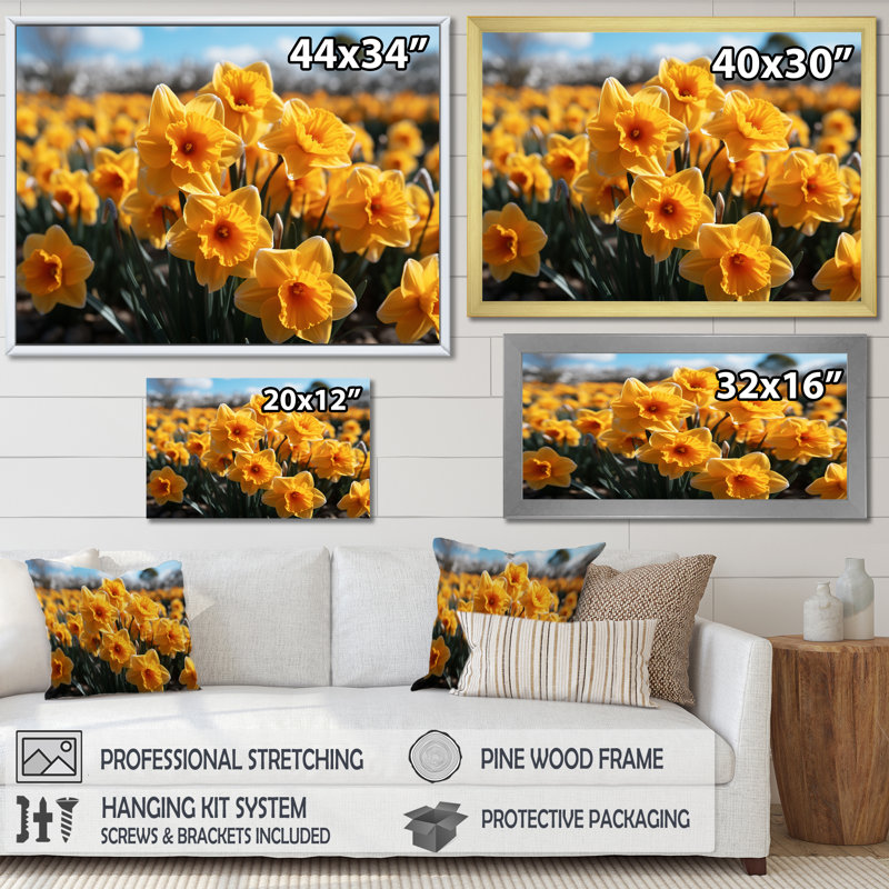 «Daffodils Field Yellow Vibrant I», reproduction sur toile, H 30 po x l 40 po, Cadre flottant blanc