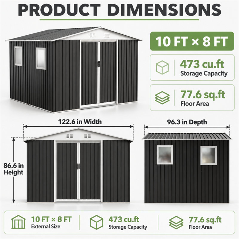 10 x 8 ft Metal Garden Shed with Sliding Door, 4 Windows and Apex Roof, Galvanized Steel Storage Shed for Patio, Grey