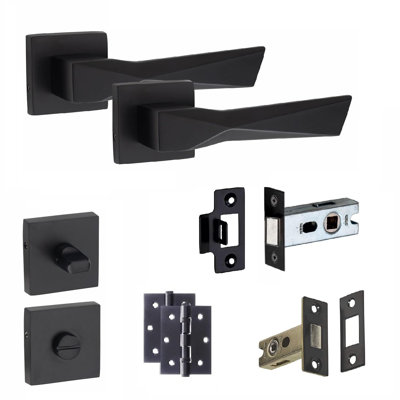  Modern Aura Design Premium Bathroom Door Handles on Square Rose in Matt Black Finish with Dead Bolt, Latch, Ball Hinges and Thumbturn