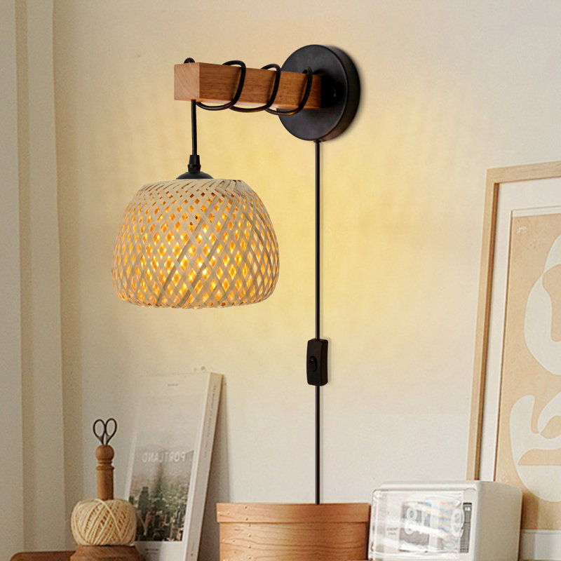 Rattan Boho Plug-in Swing Arm Sconce Farmhouse Lantern Basket Rattan Lampshade for Bedroom