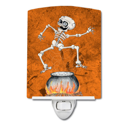 Skeleton Jumping from Witches Caldron Halloween Ceramic Night Light