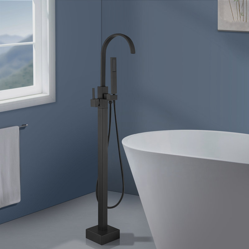 Topcraft Single Handle Floor Mounted Freestanding Tub Faucet with Handheld Shower, Matte Black, Matte Black