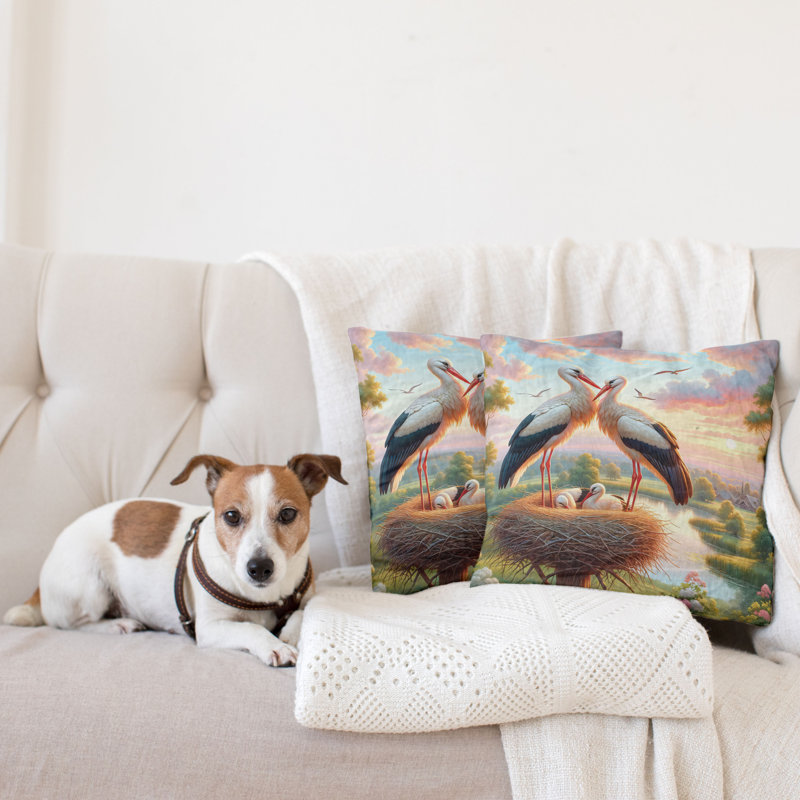 Fern Green Multicolor Stork Print Microfiber Euro Pillow Covers, Set of 2