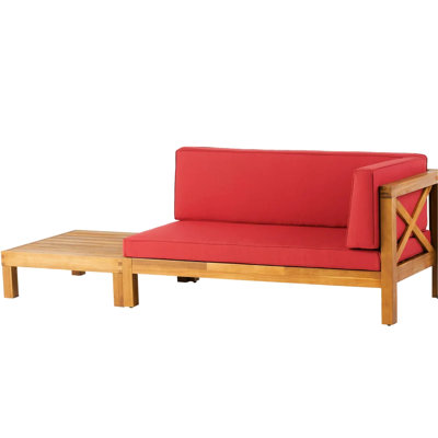 Patio en bois avec table basse et rouge - matériaux de l'eau, table de mobilier confortable, tissus, moderne