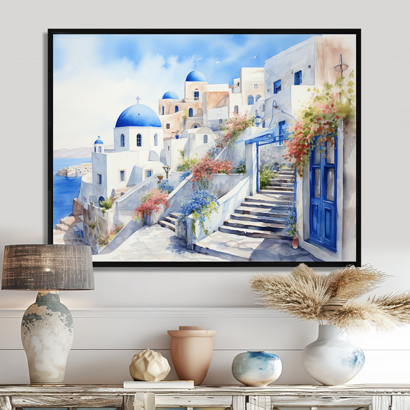 «Blue and White Santorini Village I», art mural Grèce, Cadre flottant noir, H 24 po x l 32 po x P 1 po