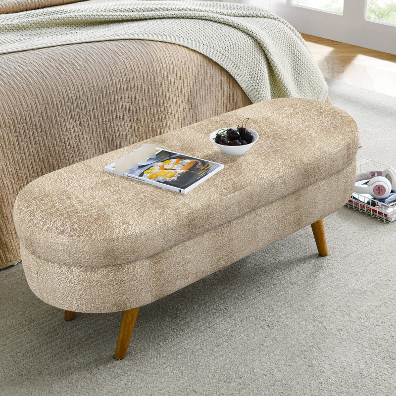 Banc de rangement ovale brun, 43,5 po x 16 po x 16 po, pieds en bois d'hévéa, fabriqué à la main par un meuble, sert de repose-pieds ou de siège, ornement en tissu plissé, banc décoratif, brun, professionnel, siège de travail,