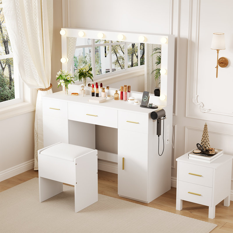 Bureau de coiffeuse avec miroir et lumières, grande coiffeuse avec prise de courant et tabouret